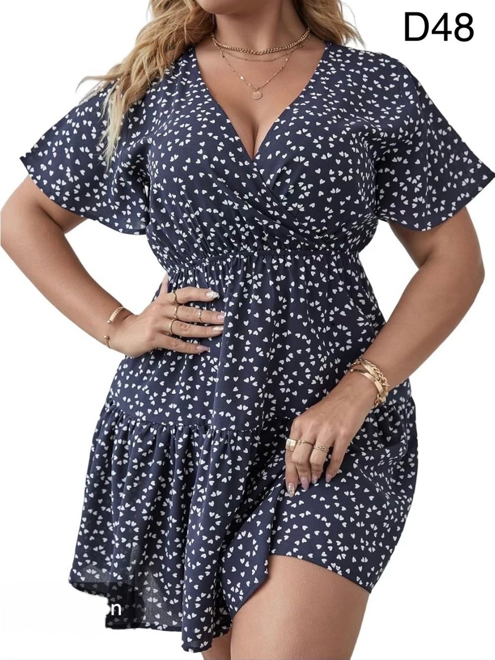 Plus Size Navy White Heart Print Wrap Mini Dress, Size XXL